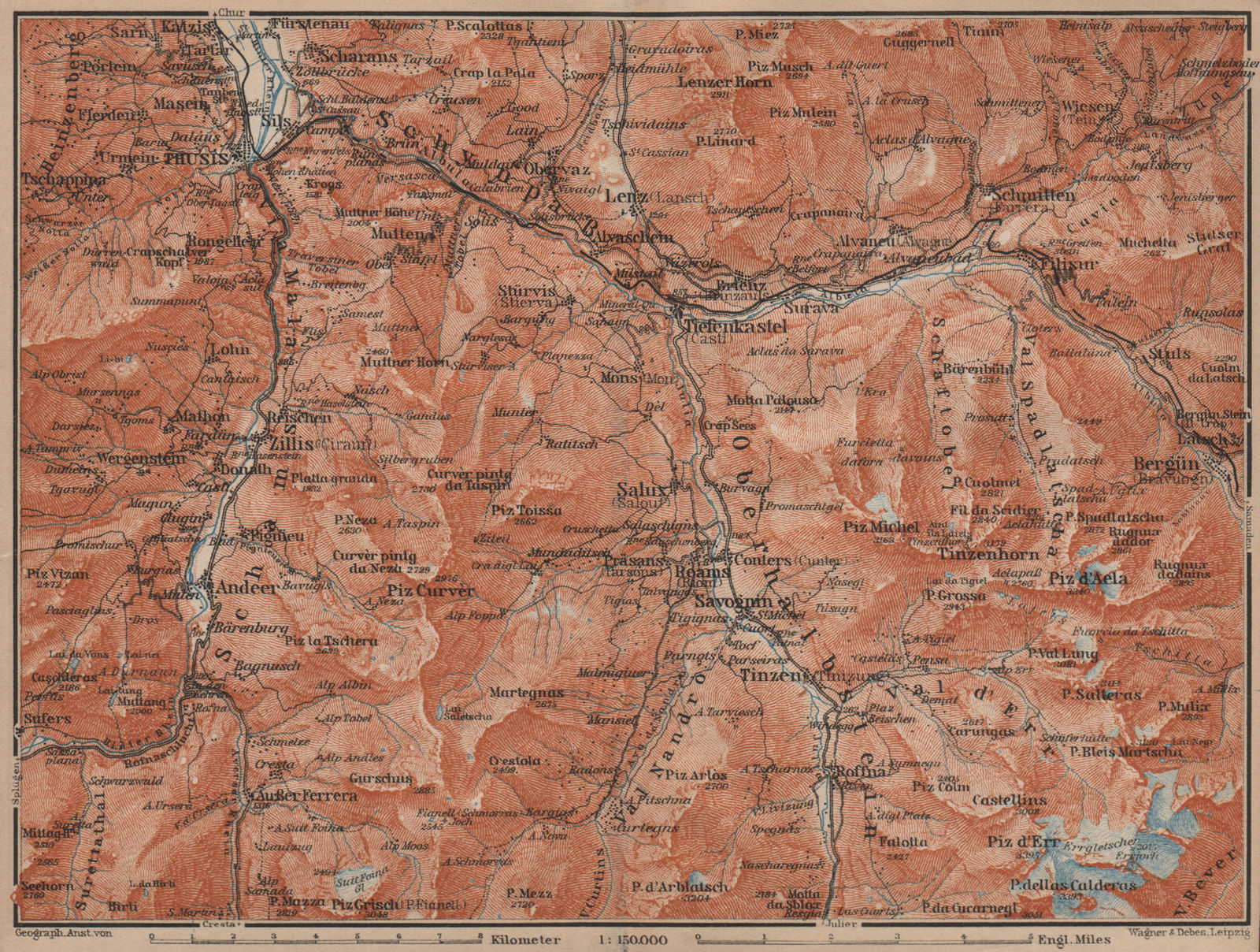 ALBULA ALPS. Thusis Tiefenkastel Savognin Piz Ela/d'Err/Calderas Salux 1905 map